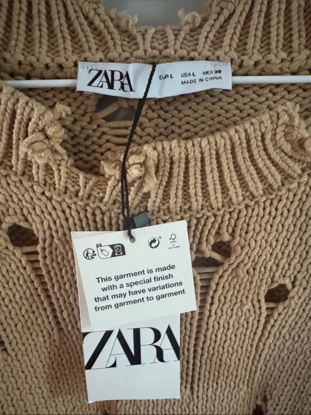 ZARA Distressed Knit Sweater Size Large NWT Beige Oversized Crewneck - Picture 2 of 4
